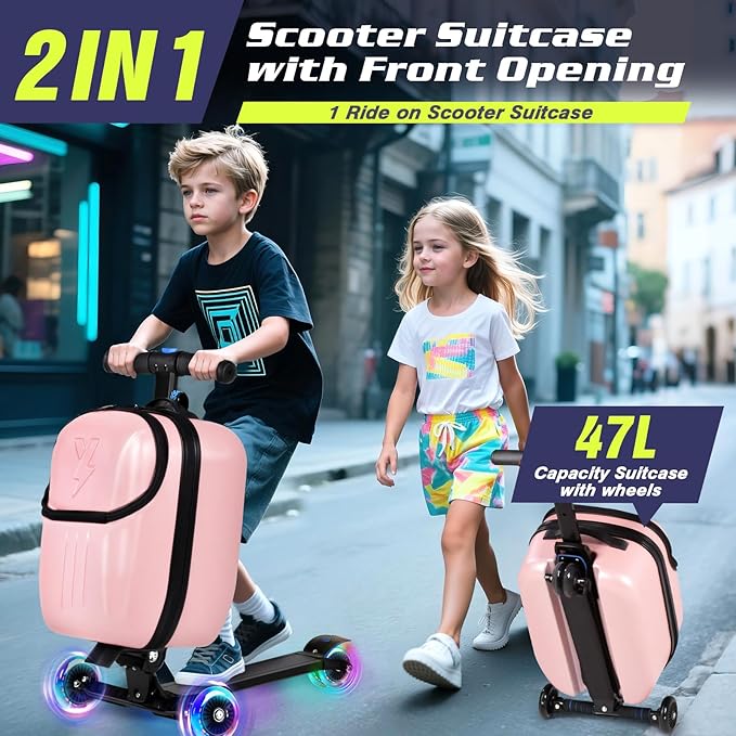 smilesun Foldable Ride On Scooter Suitcase with Front Opening, Lightweight Carry On Scooter Luggage for Adults, Teens & Kids（Pink 20-inch）