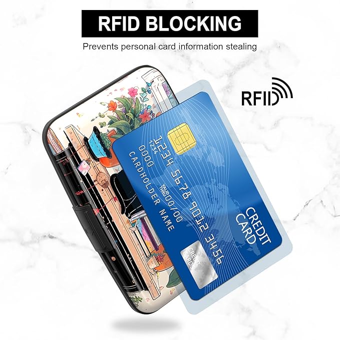 Credit Card Holder, Mini Aluminum Card Wallet RFID Blocking Slim Metal Hard Card Case for Women Men, Cat on Closet