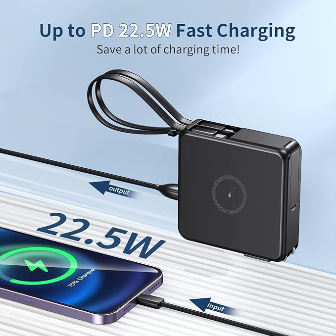 Wireless Charging Portable Charger with Built-in Cables & AC Wall Plug, 10000mAh Power Bank with LED light, PD 22.5W Fast Charging Travel Portable Charger for iPhone, Samsung, Android(No-Magnetic)