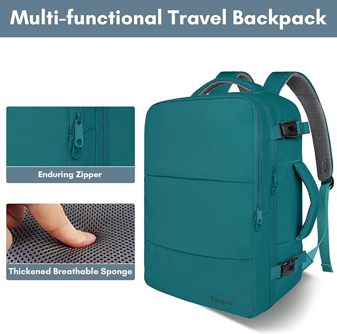 Taygeer Carry on Backpack for Men Women, Luggage Laptop Backpack for Airplane Travel with Water Bottle Pocket, 35L Water Resistant Gym Weekender Bag for College Gift, Peacock Blue