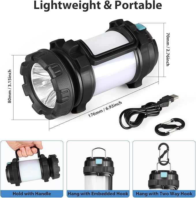 BOBKID 2 Pack Camping Lantern, Outdoor LED Camping Light, Rechargeable Flashlights with 1000LM, 6 Modes, IPX5 Waterproof Portable Emergency Camp Light for Hurricane Survival - Black