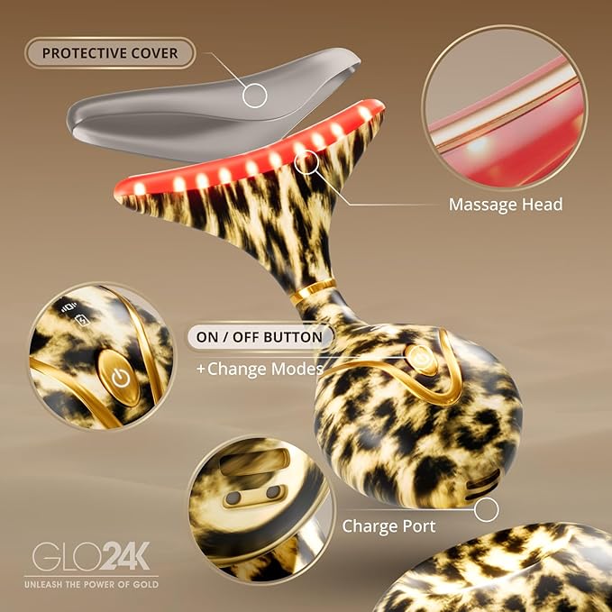 GLO24K 7 Color Beauty Device – Triple LED Action & Vibration Technology Facial and Neck Massager (Cheetah, 1 Pack)