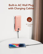 VEGER Portable Charger with Built-in AC Plug and Cables, All in One 10000mAh Ultra Slim Power Bank Travel Essentials, Fast Charging Battery Pack Compatible with iPhone, Samsung, More(Dark Pink)