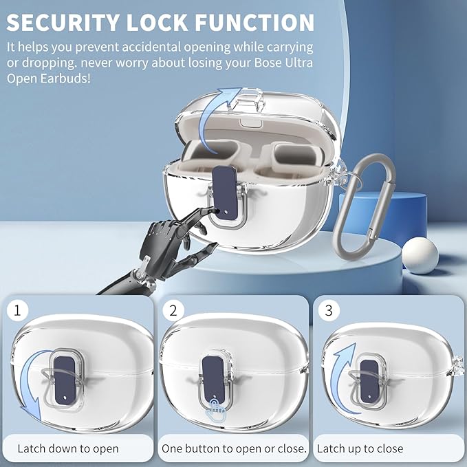 [Secure Lock] for Bose Ultra Open Earbuds Case(2024), TUDIOW Clear TPU Shockproof Protective Cover for Bose Open Ear Wireless Earbuds Accessories with Cleaning Kit& Keychain (Clear)
