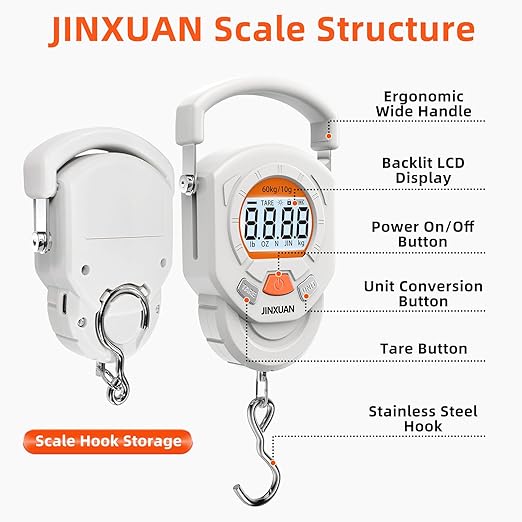 Fishing Scale Luggage Scale 132lb/60kg Digital Fish Scale, Fish Weight Scale with Backlit LCD Display, Luggage Weight Scale with 4 Units, 2 AAA Batteries, Hanging Scale for Fishermen Travelers