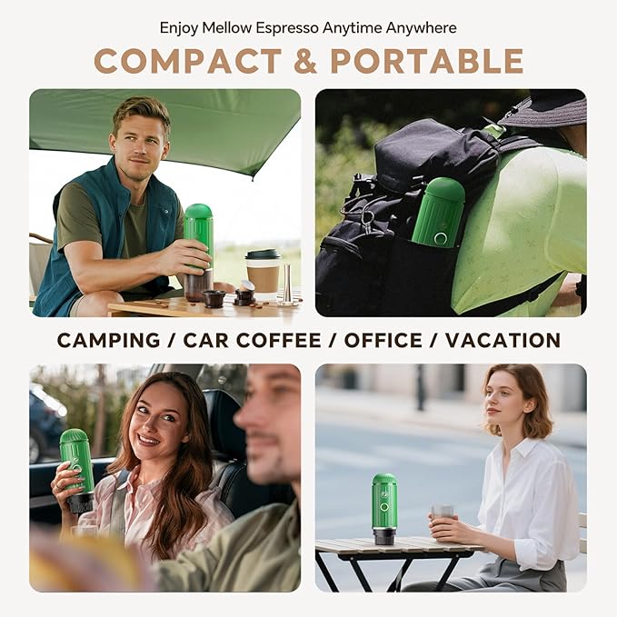 i Cafilas Fast self-heating Portable Electric Espresso Coffee Maker, 2 IN 1 Extraction Espresso Machine, Support Ground Coffee and NS capsule, for Travel,Car,camping,Climbing（Green） Rich Crema