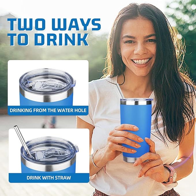 20 oz Tumbler with Lids and Straws, Stainless Steel Insulated Travel Coffee Mug, Double Wall Vacuum Insulated Tumblers, Powder Coated Coffee Tumbler for Cold & Hot Drinks (Sea Blue)
