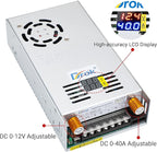 DROK 12V Power Supply, AC 110V 220V to DC 0-12V 0-40A 480W Buck Converter, Volt Amp Adjustable Adapter Regulated 5V 9V 12Volt Switching Voltage LED Transformer Charger for Computer CCTV Lab
