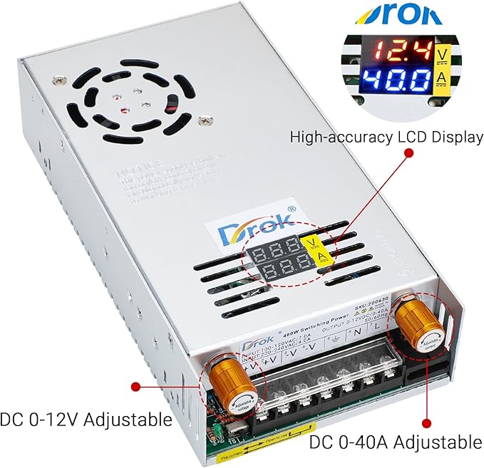 DROK 12V Power Supply, AC 110V 220V to DC 0-12V 0-40A 480W Buck Converter, Volt Amp Adjustable Adapter Regulated 5V 9V 12Volt Switching Voltage LED Transformer Charger for Computer CCTV Lab