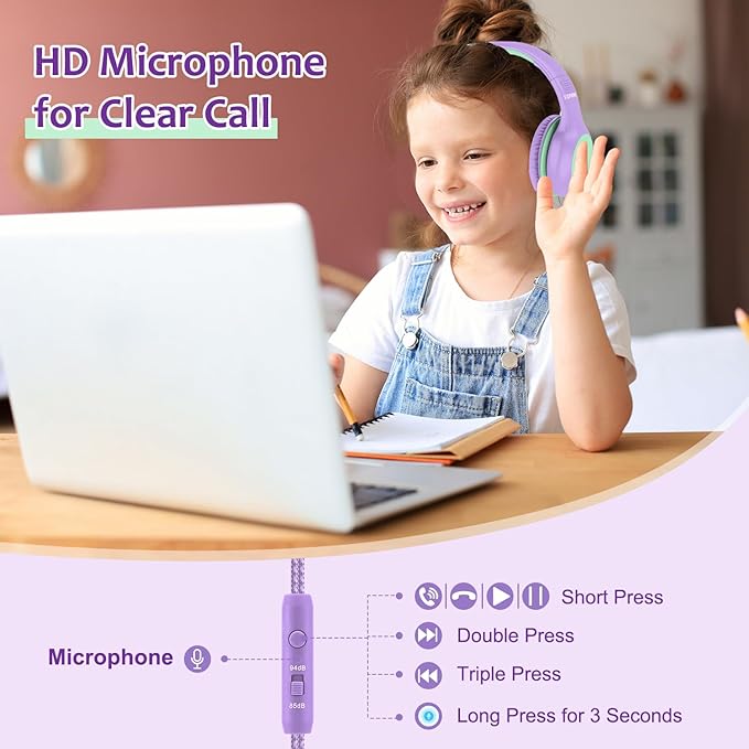 Voopwink Kids Headphones Wired with Microphone, USB Type C Headphones for Kids Girls Boys with Cord/LED Lights/85/94dB Volume Limit, Portable Over Ear Headphones for School/Travel/Tablet/iPad