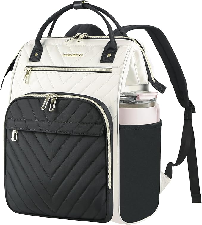 VANKEAN 17 Inch Laptop Backpack for Women Fashion Computer Work Bag, Large Capacity Waterproof Backpack, College Daypack Business Travel, Beige-Black
