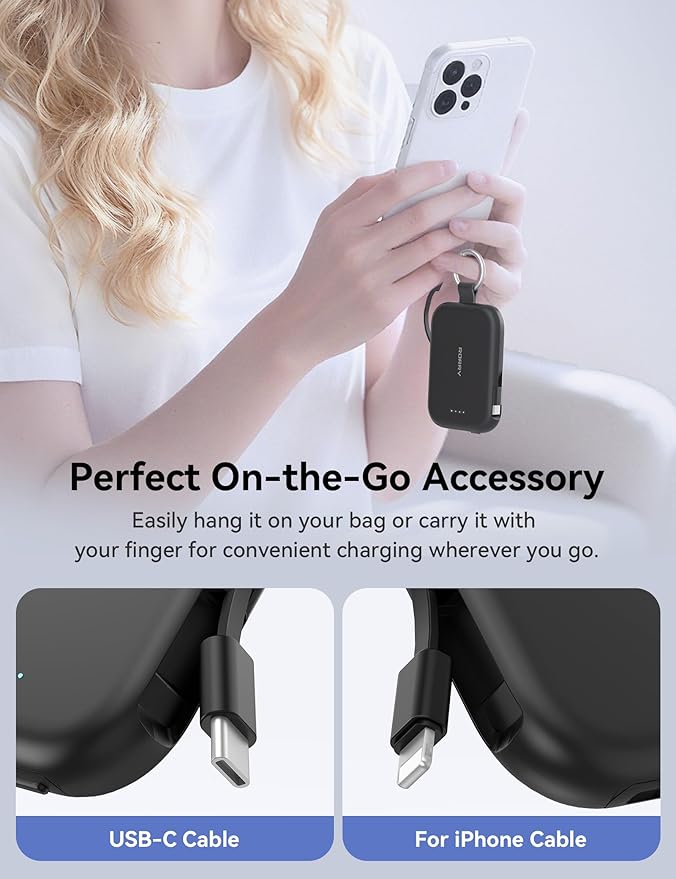 RORRY CharmGo Portable Charger, 5000mAh Portable Charger Power Bank with Built-in Cables, Travel Keychain Charger Battery Pack for iPhone 17/16/15/14/13/12, for AirPods 2/3/4/Pro, Black