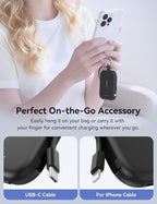 RORRY CharmGo Portable Charger, 5000mAh Portable Charger Power Bank with Built-in Cables, Travel Keychain Charger Battery Pack for iPhone 17/16/15/14/13/12, for AirPods 2/3/4/Pro, Black