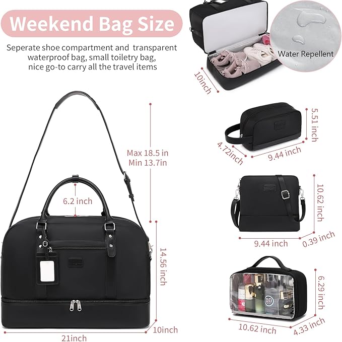 Wogarl 4PCS Weekender Bags for Women Large Overnight Weekend Travel Duffel Carry on Shoulder with Shoe Compartment Canvas Toiletry Bag for Travel Business Gym