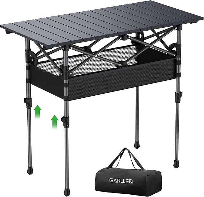 GARLLEN Folding Camping Table, 2-Height Adjustable Portable Roll-up Camping Table with Storage Net, Lightweight Aluminum Picnic Table with Carrying Bag for Cooking, BBQ, Outdoor, 32.2" L x 15.7" W