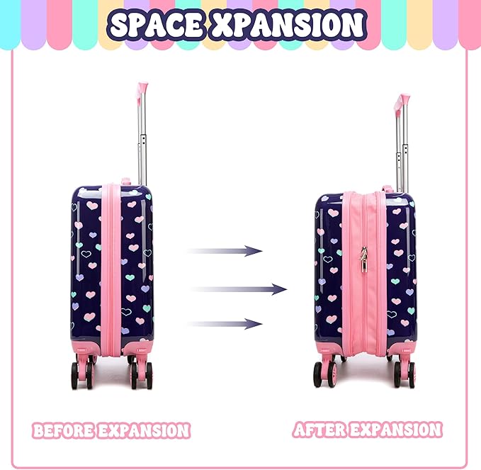 Kid’s Luggage Set 5 Piece Suitcase Set 16’’ Hardside Luggage with Spinner Wheels Girls Carry on Toddler Travel Rolling Suitcase Carry on Luggage Airline Approved