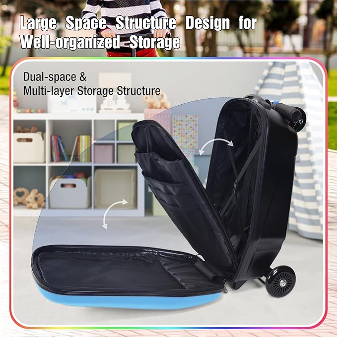 2-in-1 Ride-On Scooter Suitcase for Kids & Adults, 20” Foldable Hardshell Carry-On Luggage for Travel, Lightweight Kids Scooter Bag with Wheels