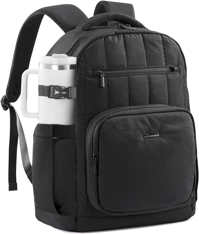 LOVEVOOK Laptop Backpack for Women with Giant Tumbler Holder Pocket,17 Inch Puffer Travel College Work Backpack Purse for Teacher Nurse,Waterproof Laptop Bag Computer Back Pack Casual Daypack,Black
