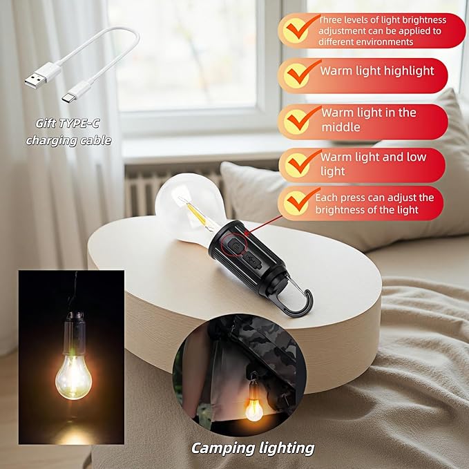 Portable LED Camping Lantern，Hang Anywhere Hook, USB-C Rechargeable, 3 Brightness Modes, Water Resistant for Emergency, Tent, Hiking, Power Outage& Outdoor (Black 1PCS) (T01)