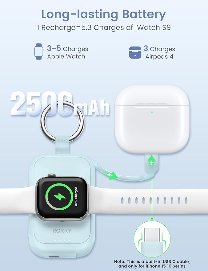 RORRY CharmGo Charger for Apple Watch Series 10, 2500mAh Fast Charging Portable Charger for iWatch, Travel Charger with Built-in USB C Cable for Apple Watch Ultra Series 9 8 7 6 3 Accessories, Blue