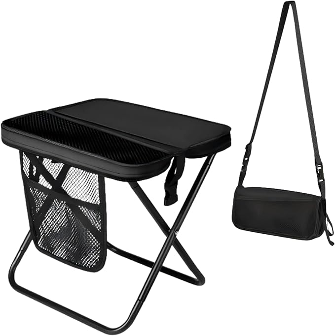 12" Portable Collapsible Stool - Folding Chair with Storage Pouch, Convertible Satchel for Hands-Free Carry & Supports 265Lbs, Ultralight for Hiking, Fishing, Camping, Festivals (Black, Standard)