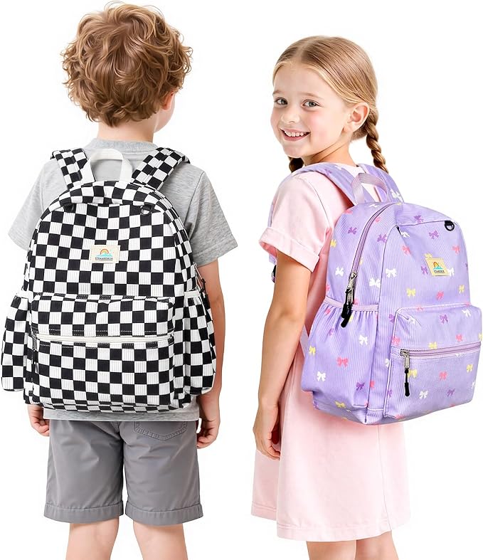 STEAMEDBUN Corduroy Kids Backpack for Girls 5-8: Girls Backpack for Elementary Kindergarten - 15 inch Cute Backpacks for Kids - Purple Bow