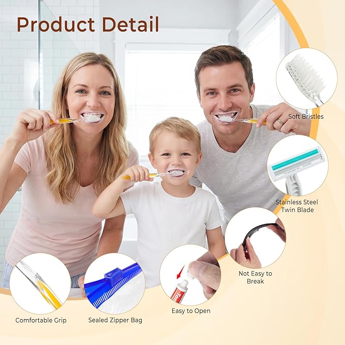 100 Sets Personal Hygiene Kit Bulk,Yellow Basic Travel Toiletry Supplies Disposable Toothbrushes with Toothpaste Floss Comb Soap Cover and Razors Set for Homeless,Guests,Church