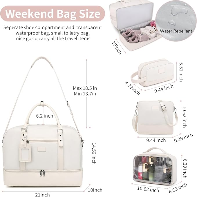 Wogarl 4PCS Weekender Bags for Women Large Overnight Weekend Travel Duffel Carry on Shoulder with Shoe Compartment Canvas Toiletry Bag for Travel Business Gym