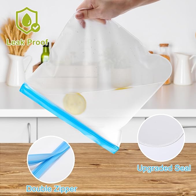 Lerine 14 Pack Reusable Gallon Freezer Bags Dishwasher Safe, BPA Free Reusable Freezer Bags 1 Gallon, Leakproof Food Storage Bags for Meal Prep, Fridge Kitchen Organization (Gray, 14Gallon)
