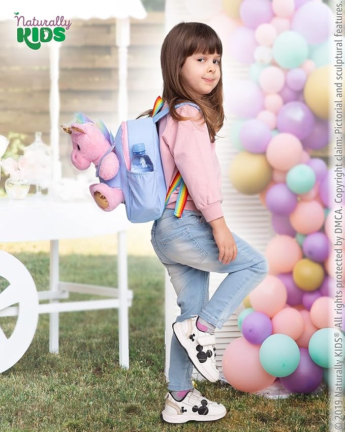 Naturally KIDS【Upgraded Toddler Backpack w Removable Pink Unicorn Toy for Girls Age 2-6 | Side & Inner Pockets, Reflective Logo, Name Tag | Cute Christmas & Birthday Gifts