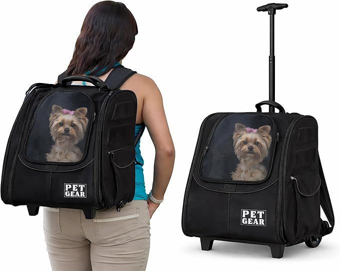 Pet Gear I-GO2 Traveler Roller Backpack, Travel Carrier, Car Seat for Cats/Dogs, Mesh Ventilation, Included Tether, Telescoping Handle, Storage Pouch, Dark Charcoal