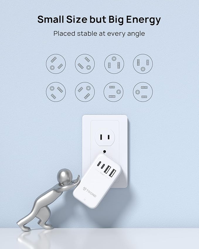 TROND 3 to 2 Prong Adapter with 360° Rotating Plug, 2 Prong Outlet Extender with 3 AC and 4 USB Ports, US to Japan Plug Adapter, Wall Outlet Splitter for Travel, Home, Cruise Essentials