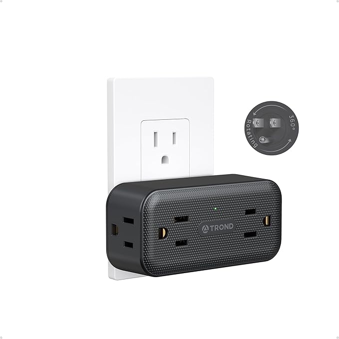 TROND 360 Rotating Outlet Adapter, Surge Protector Outlet Extender with 4 AC, 900 Joules Surge Protection, A Small Charging Station, Wall Plug Extender for Home Office Travel, Black