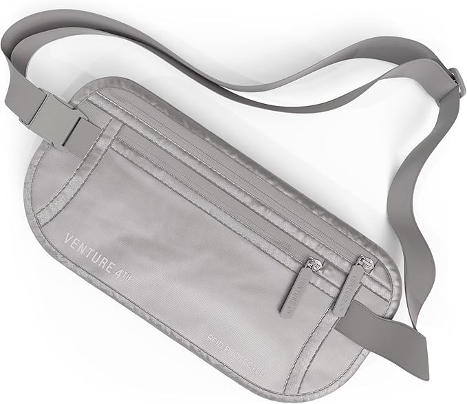 VENTURE 4TH Money Belt for Travel – Slim Hidden Under-Clothes RFID Blocking Anti-Theft Passport Holder & Travel Wallet Pouch for Men & Women to Protect Cash, Cards & Documents (Sleek Silver)