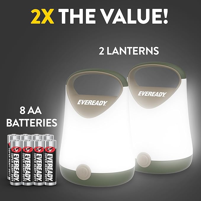 Eveready LED Camping Lantern X-250 (2-Pack), Super Bright Tent Lights, Rugged Water Resistant LED Lanterns, 100 Hour Run-time (Batteries Included), Green/Tan