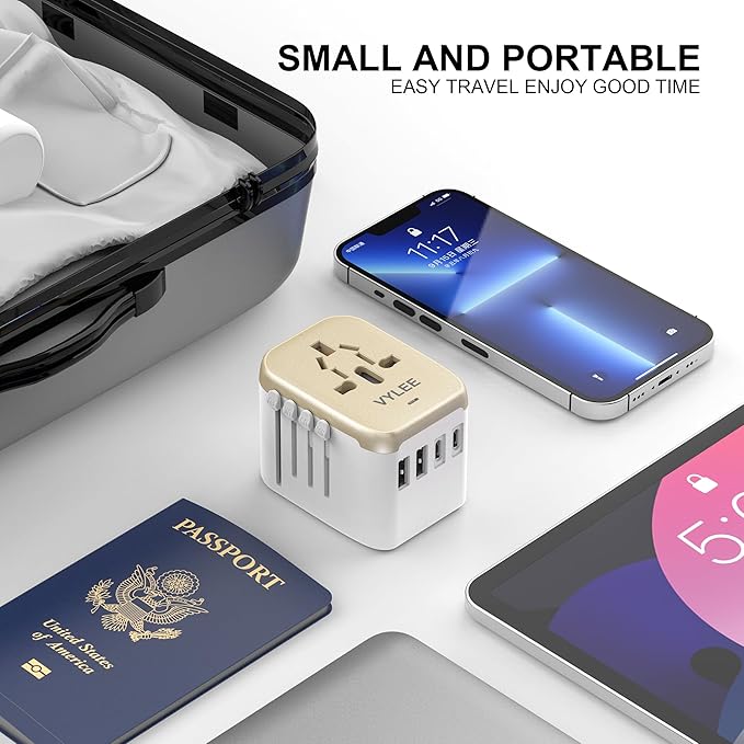 VYLEE Universal International Power Travel Plug Adapter, 5 in 1 European Travel Plug Adapter W/ 3.5A 2xUSB-A and 2xUSB C Wall Charger and Worldwide AC Outlet for Europe USA UK AUS Asia (White Gold)
