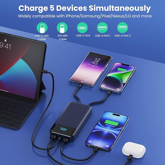 Portable Charger Power Bank 40800mAh with 3 Built-in Cables,25W Fast Phone Charging Portable Battery Pack,5 Outputs Travel Essentials Outdoor External Battery for iPhone 17/16,Galaxy Android etc-Blue