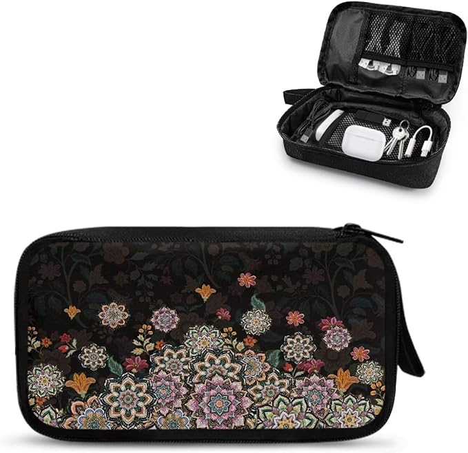 Boho Flower Print Electronic Organizer Travel Universal Accessories Storage Bag Portable for Hard Drives, Cables, Memory Sticks, Charger, Phone, USB, SD Cards