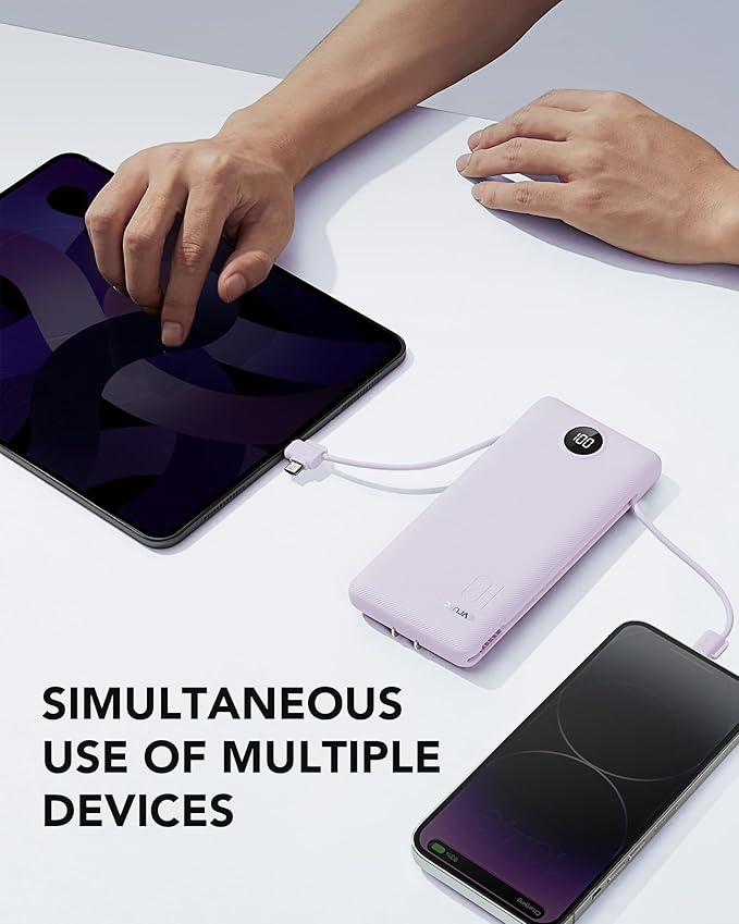 VRURC Portable Charger Built-in Cables and AC Wall Plug,USB C Power Bank 10000mAh, Travel Essentials Phone Charger Compact Lightweight External Battery Pack for Smart Phones, Tablets etc (Purple)
