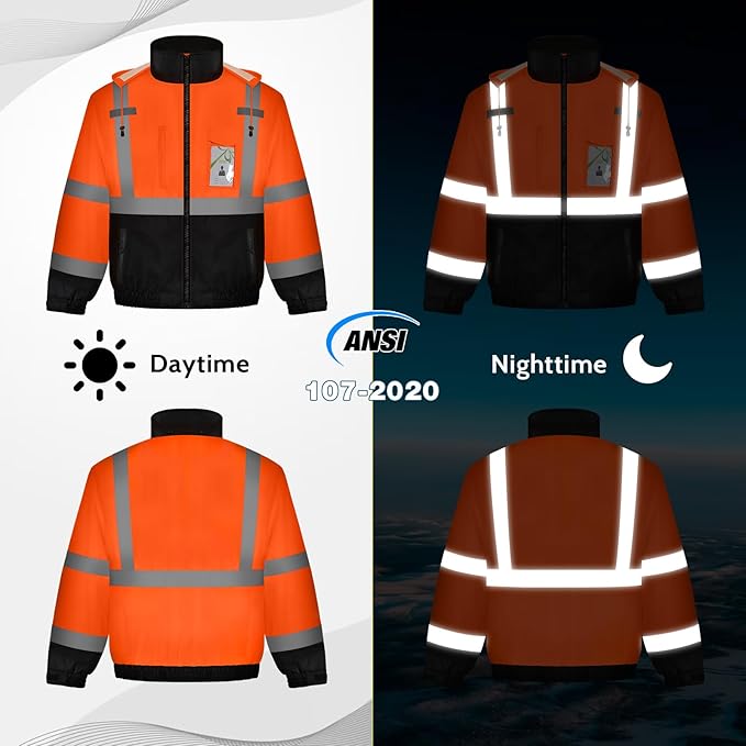 High Visibility Safety Jackets, Construction Coats with Pockets for Men& Women, Rain Jacket for Winter Cold Weather, Waterproof High Vis Rain Coat, Class 3, Orange-Black, 3XL