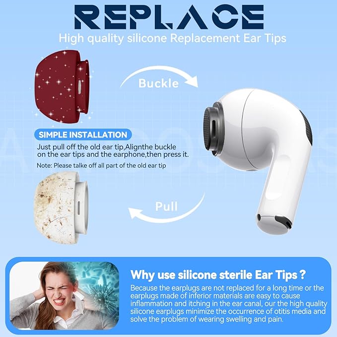 4 Pairs Replacement Ear Tips for AirPods Pro 2nd/1st Generation with Portable Storage Box & Cleaner Pen,Noise Reduction Holewith & Built-in dust Guard Screen,Silicone EarTips(Dark red)