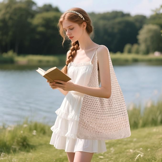 WantGor Crochet Bags, Beach Mesh Tote Bag Womens Shoulder Shopping Handbag Casual Travel Totes Bag Foldable Hobo Bags