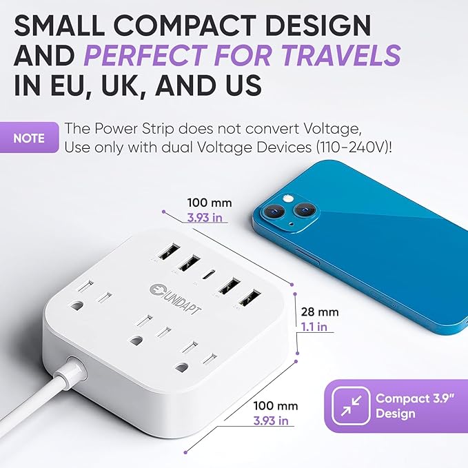 European Plug Adapter, Unidapt US to UK Europe Power Strip for EU/UK/US with USB C and 4 USB Ports, 3 AC Outlets, Wall Mountable, 5ft Extension Cord, for Travel Cruise Ship Home