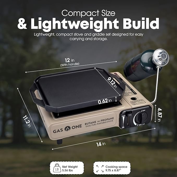 GasOne GS-3400P-KIT Propane or Butane Gas Stove with Flat Top Griddle Included – Dual Fuel Propane Grill Tent Stove Burners for Cooking for Camping, Kitchen – Diecast Aluminum with Non Stick Coating