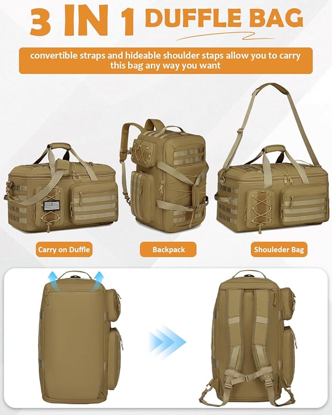 50L Gym Bags for Men, 3 in 1 Travel Duffle Bag with Shoe Compartment, Tactical Military Backpack for Overnight Weekender Gym Traveling Workout Deployment