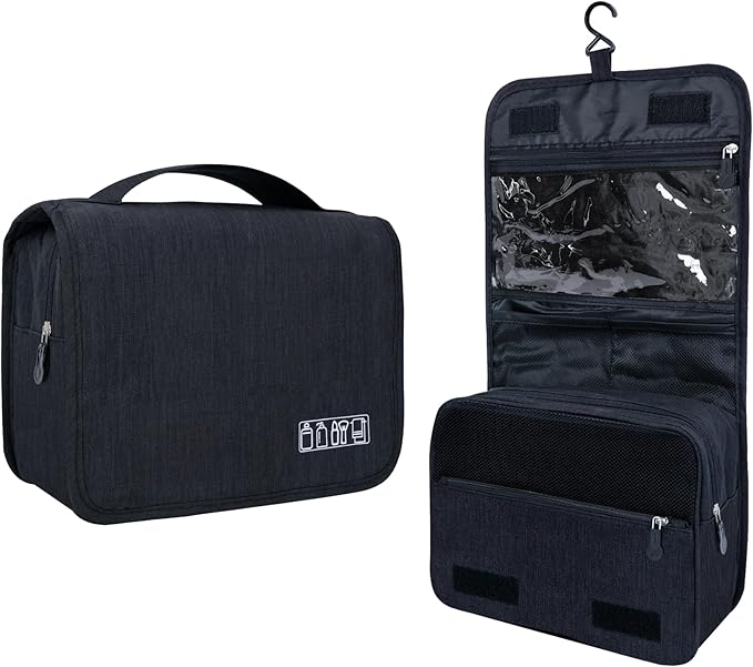 Lcsmaokin Large Capacity Toiletry Bag Travel Bag with Hanging Hook for Men and Women Waterproof Travel Cosmetic Bag Bathroom Storage Bag for Brushes Set,Full-Sized Shampoo,Toiletries,Accessories-Black