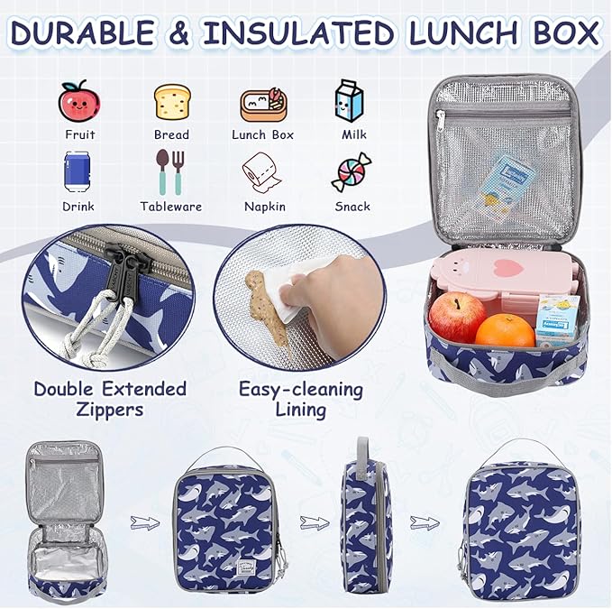 VASCHY Kids Backpack Lunch Bag Set, Boys Large School Bookbag Insulated Lunch Box for Toddlers Preschool,Daycare,Kindergarten,Elementary School Shark