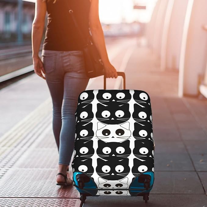 Travel Luggage Cover, Black White Cats Washable Elastic Stretch Anti-scratch Suitcase Sleeve Protector with Concealed Zipper for Wheeled Luggage Fits 25-28 Inch