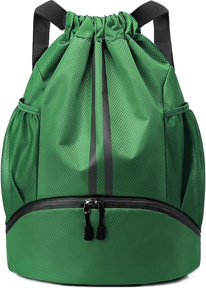 JELUTAR Drawstring Backpack Gym Bag with Shoes Compartment for Soccer, Basketball, Swim, Water-Resistant String Backpack Beach Cinch for Women Men, Dark Green, Medium