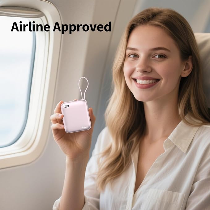 Hichain Small Portable Charger with Built in Cables LED Display, Mini Power Bank 10000mAh 22.5W USB-C Fast Charging Battery Pack, Travel Essential Power Bank for iPhone, iPad, Samsung, Android Pink